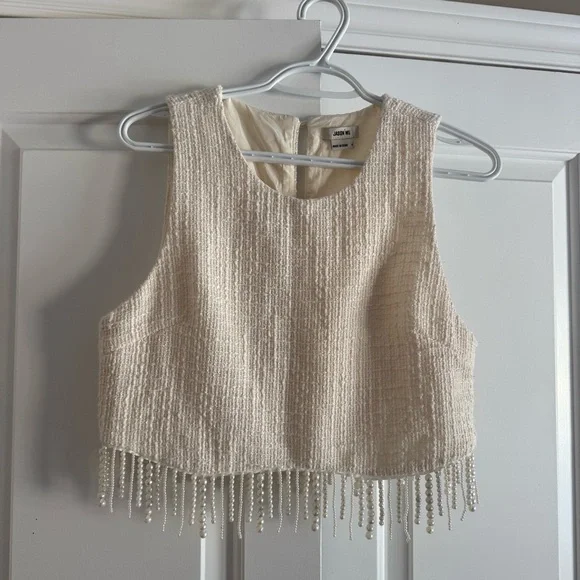Jason Wu Cream Sleeveless Crop Top Pearl Fringe - Picture 9 of 10